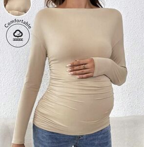 SHEIN Maternity Spring & Autumn Casual Solid Ruched Fitted Long Sleeve T-Shirt